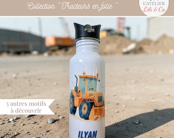 Gourde enfant personnalisée avec prénom • motif tracteur / engin • bouteille inox 600 ml • cadeau école ou anniversaire garçon