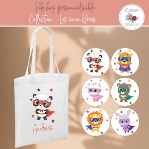 Tote bag enfant personnalisable, cadeau original prénom, sac crèche maternelle animaux super héros, idée cadeau originale enfant, cabas bébé