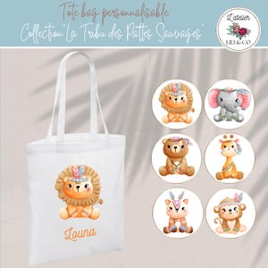 Tote bag enfant personnalisable, cadeau original prénom, sac crèche maternelle animaux indiens, idée cadeau originale enfant, cabas bébé