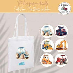 Tote bag enfant personnalisable, sac enfant garçon tracteur, cabas bébé nounou crèche prénom, cadeau original anniversaire naissance rentrée