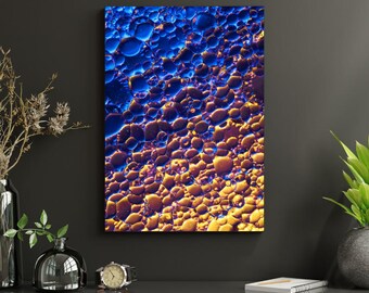 Impresión artística abstracta de burbujas de aceite azul y naranja (descarga digital)