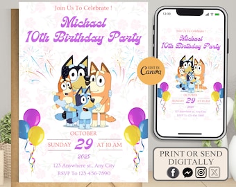 Bluey birthday invitation, birthday invitation, Birthday bluey Girl party invite, bluey birthday party invite, Bluey Dog Invitation Template
