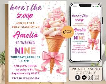 Ice Cream Birthday Invitation, Ice Cream Birthday Girl Invite, Ice Cream Party, Ice Cream Birthday Invitation. Icecream Sweet Party