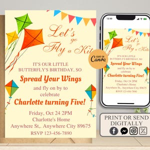 Puede incluir: Una invitación colorida para una fiesta de cumpleaños con temática de cometas. La invitación presenta un fondo amarillo con cometas coloridas y el texto "Let's go fly a kite". También incluye el texto "It's our little butterfly's birthday, so spread your wings and fly on by to celebrate Charlotte turning five!" con la fecha, la hora y la ubicación de la fiesta.