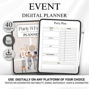 May include: A digital planner for parties and events. The planner is shown on a tablet screen and includes sections for details, schedule, menu ideas, and notes. The planner is designed to be used on digital note-taking apps like Goodnotes, Notability, and Zoomnotes. The planner has 40 hyperlinked pages and is available as an instant download.