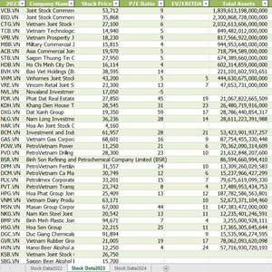 May include: A spreadsheet with a green and white background showing a list of Vietnamese companies with their stock price, P/E ratio, EV/EBITDA, and total assets. The spreadsheet is titled "Stock Data2023".