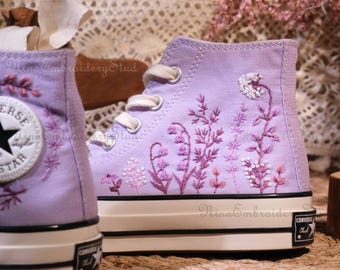 Purple Floral Embroidered Converse Sneakers / Custom Converse Sneakers / Custom Floral Patterns / Small Flower Embroidery / Christmas Gifts