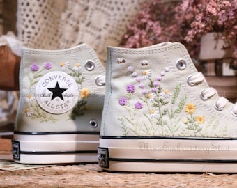 Custom Floral Embroidered Converse Sneakers: Sunflower & Bee Wedding Shoes