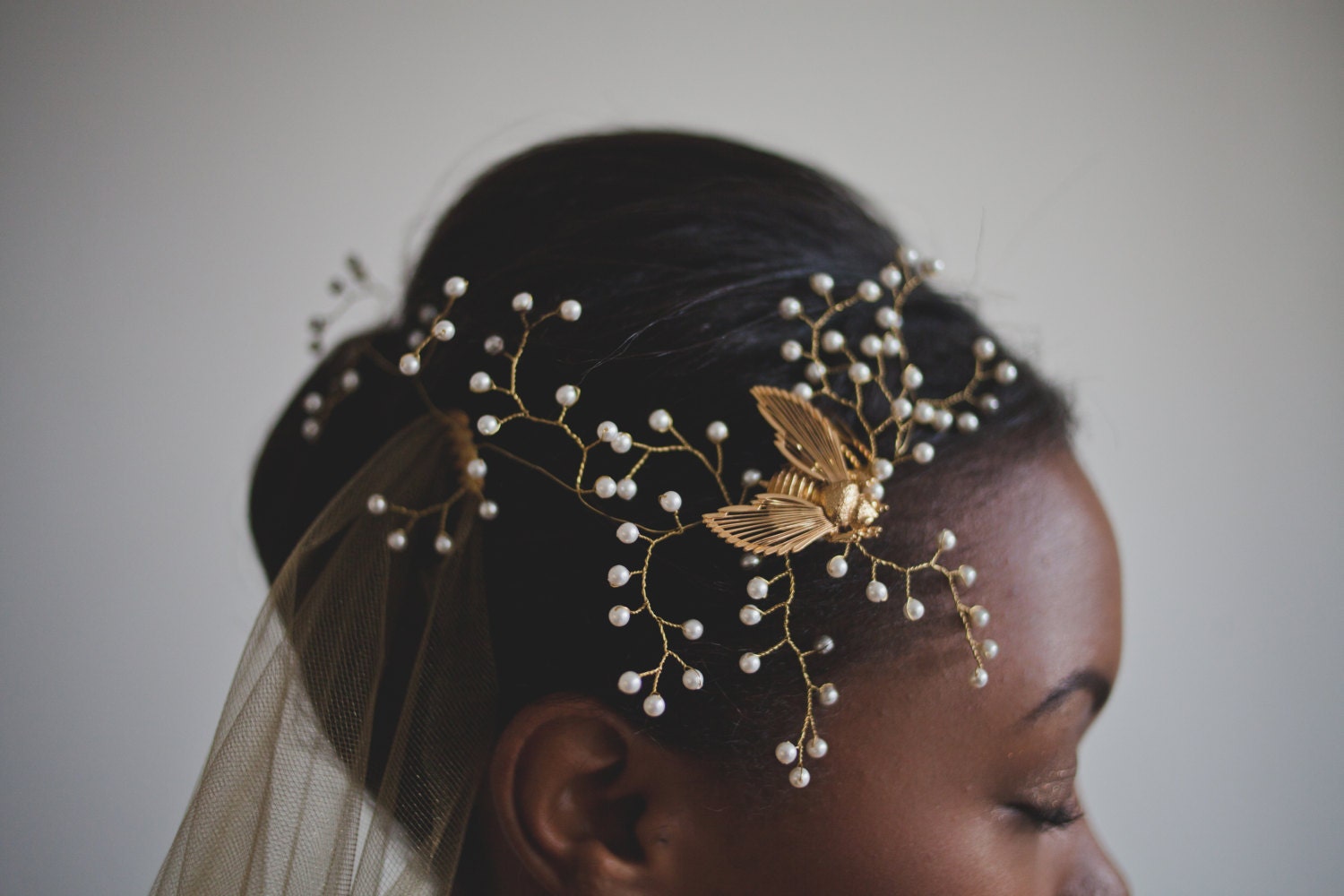 Beatrice - Gold Bee & Pearl Bridal Hairvine