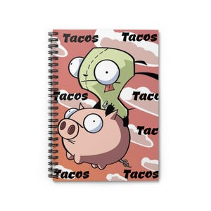 Cuaderno espiral de tacos divertidos: cerdito y niña adorables de Invasor Zim. Ideal para la escuela, diarios, regalos, amantes de los tacos y recuerdos de fiestas.