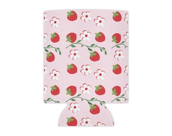 Aardbei bloemenpatroon blikkoeler | Roze bloemen blikjeskoeler