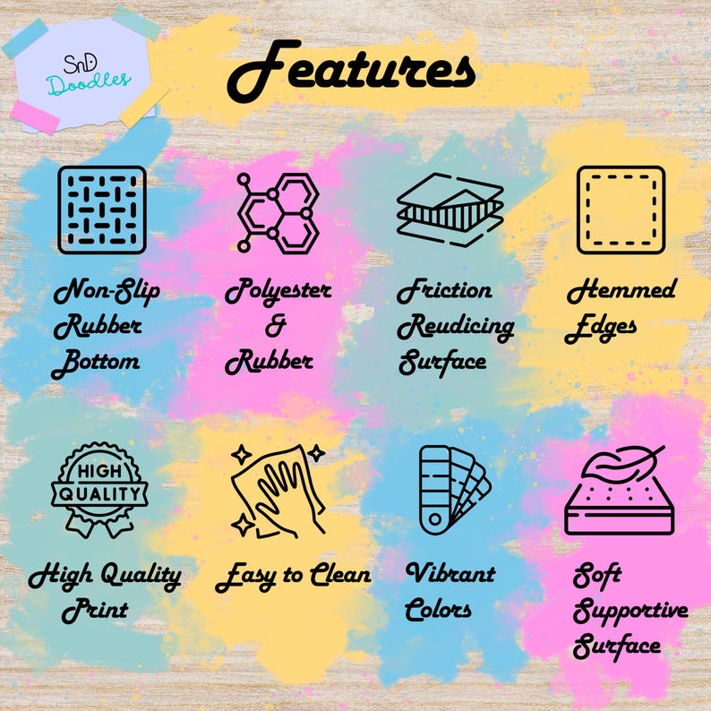 May include: A graphic showing features of a rug. The rug has a non-slip rubber bottom, polyester and rubber backing, a friction reducing surface, hemmed edges, a high quality print, is easy to clean, has vibrant colors, and a soft supportive surface.