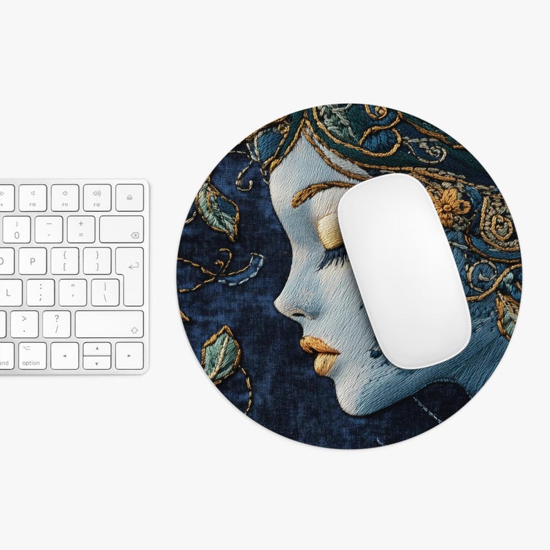 May include: A round mouse pad with a blue and gold embroidered design of a woman's face. The woman's face is in profile and her hair is adorned with flowers.