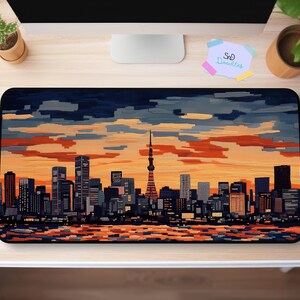 Tokyo Skyline Desk Mat | Golden Hour Embroidered Cityscape on Denim | Sunset Thread Texture | Cozy Japan Desk Gift | Tokyo Tower Mat