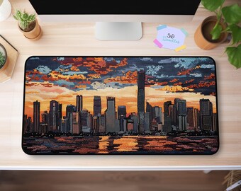 Metro Manila Skyline Desk Mat | Embroidered Golden Hour Cityscape on Denim | Philippines Desk Pad for Creatives & City Dreamers