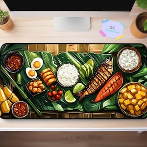 Filipino Boodle Fight Desk Mat | Top-Down Food Art on Banana Leaves | Comic-Style Cultural Feast | Rice & Grilled Fish Office Decor