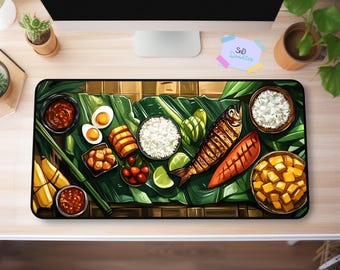 Filipino Boodle Fight Desk Mat | Top-Down Food Art on Banana Leaves | Comic-Style Cultural Feast | Rice & Grilled Fish Office Decor