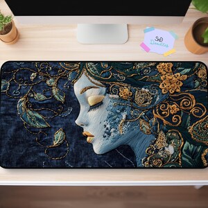 Celestial Garden Goddess | Embroidered Art Desk Mat | Ethereal Nature Muse Mouse Pad | Boho Floral Workspace Gift | Soft Neoprene Desk Pad image 1