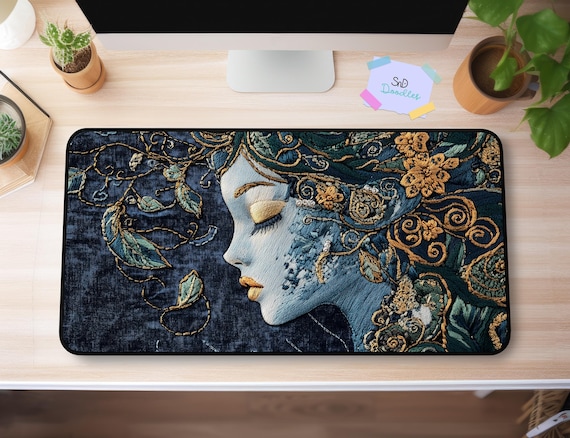 Celestial Garden Goddess | Embroidered Art Desk Mat | Ethereal Nature Muse Mouse Pad | Boho Floral Workspace Gift | Soft Neoprene Desk Pad