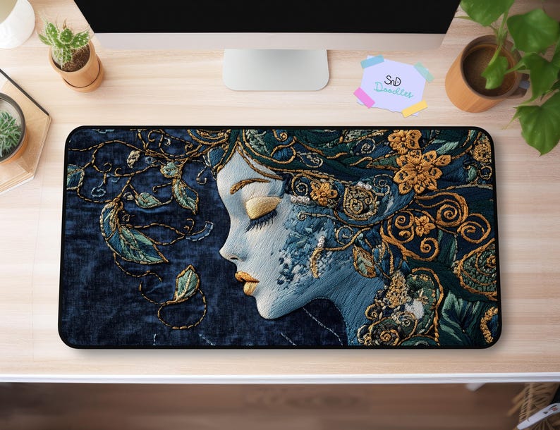 Celestial Garden Goddess | Embroidered Art Desk Mat | Ethereal Nature Muse Mouse Pad | Boho Floral Workspace Gift | Soft Neoprene Desk Pad image 1