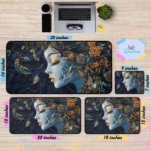 May include: A set of four mousepads featuring a blue and gold illustration of a woman's face with floral details. The largest mousepad is 32 inches by 16 inches, and the smaller mousepads are 22 inches by 12 inches, 18 inches by 12 inches, and 9 inches by 7 inches.