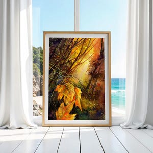 Foresta autunnale, stampa ad acquerello, tramonto, ristampa, arte murale, natura, flora, piante, decorazione d'interni, poster, artigianato, arte