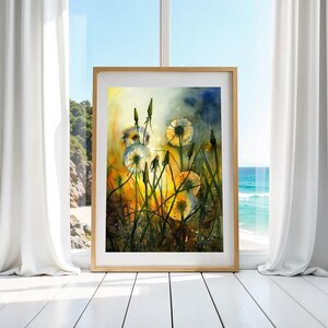 denti di leone, stampa ad acquerello, ambientazione, sole, pittura, natura, primavera, fiori della sera d'estate, arte murale, ristampa, paesaggio, natura