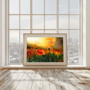 papaveri, stampa ad acquerello, radura, tramonto, prato, primavera, natura, stampabile, arte murale, relax, clima, campo di papaveri, fiori selvatici