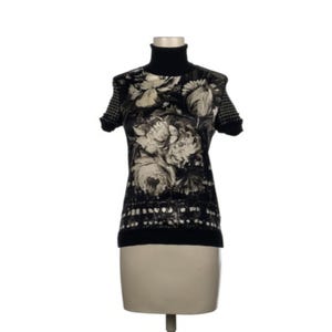 Roberto Cavalli Y2K Black Floral Mock Neck Short Sleeve Knit Top with Mixed Print Details and Stretchy Slim Fit Blouse