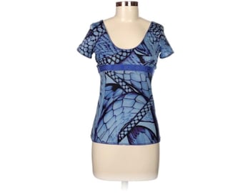 Blusa abstracta azul de JUST CAVALLI: blusa ajustada con cuello redondo Y2K