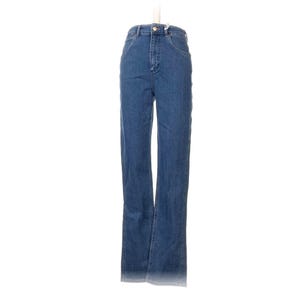 May include: Blue denim jeans with a high waist and a slight flare at the hem. The jeans have classic five-pocket styling and a button and zip closure. The denim has a medium wash with subtle fading.