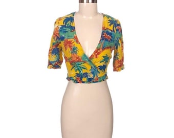 Tropical Print Crop Top: Zara Deep V-Neck Wrap Tie - XS