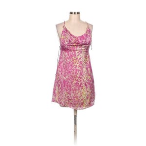 Y2K Mini Slip Dress: Pink & Yellow Abstract Print, Cowl Neck