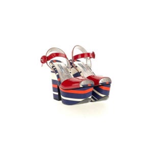 PRADA Red Patent Leather Platform Sandals: Striped Canvas Wedge, Size 36
