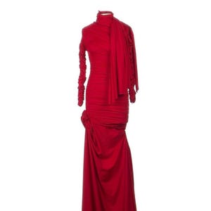 Vintage Balenciaga Rare Red Maxi Gown: Ruched High Neck Y2K Designer Dress
