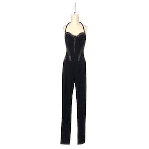 Y2K BeBe Black Studded Halter Jumpsuit With Corset Detail Open Back Bodycon Fit Partywear One Piece Night Out Look