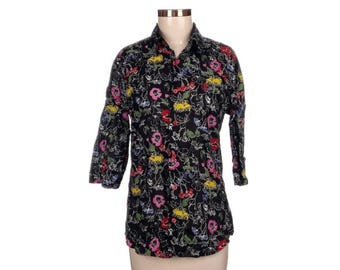 ROBERTO CAVALLI katoenen shirt met bloemenprint - zwarte botanische top met lange mouwen