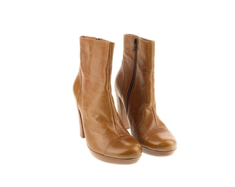 Y2K Brown Leather Platform Ankle Boots Chunky Block Heel Round Toe Zipper Closure 70s Retro Revival High Heel Booties Streetwear Statement
