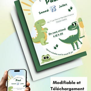 Carte d'invitation anniversaire enfant garçon et fille, thème dinosaure, template, Canva personnalisable et modifiable