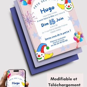 Carte d'invitation anniversaire enfant garçon et fille, thème cirque, template, Canva personnalisé