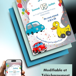 Carte d'invitation anniversaire enfant fille et garçon, thème voiture, template, Canva personnalisable