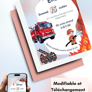Carte d'invitation anniversaire enfant garçon et fille, thème pompier, template, Canva modifiable et personnalisable