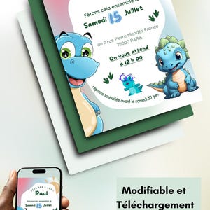 Carte d'invitation anniversaire enfant garçon et fille, thème dinosaure, template, Canva personnalisé