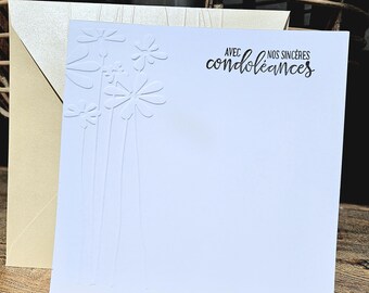 Eenvoudige condoleancekaart met envelop, elegante rouwkaart, witte kaart met reliëf bloemenpatroon, handgemaakt