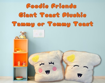 Giant Toast Plushie Tammy & Tommy Toast, Squishy Bread Pillow with Hidden Pockets,Kawaii Food Plush Collectible Gift + Free Children's Book