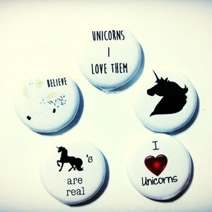 Unicorn Magnets, or Unicorn Pin, Set Of 5 Magnets or Pin Back Buttons, made on recycled paper, brooch