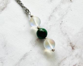 May Birthstone, Genuine Emerald Necklace, 10 mm Emerald and Clear iridescent glass bead Necklace, Handmade, Blessed by Shaman (me)