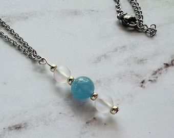 Birthstone Aquamarine Necklace, Genuine Aquamarine and Clear iridescent glass bead Necklace, Handmade, Blessed by Shaman, March Birthstone