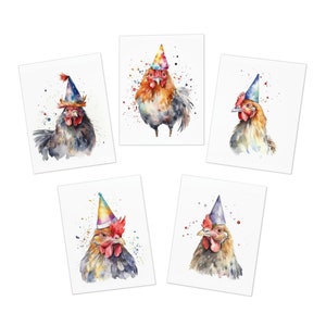 Carte d'anniversaire de poulet, ensemble de carte de voeux de 5, art de poulet, aquarelle de poulet, cartes de poulet, carte de voeux de poulet