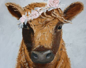 Cow Painting,  Cow Art, Cow with Flower on Head, Print available as framed mini art print